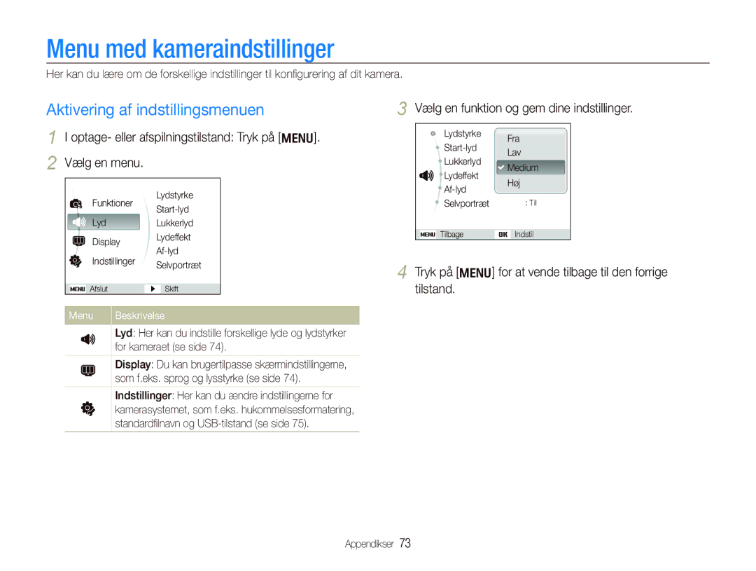 Samsung EC-IT100SBP/E2 Menu med kameraindstillinger, Aktivering af indstillingsmenuen, Vælg en menu, Menu Beskrivelse 