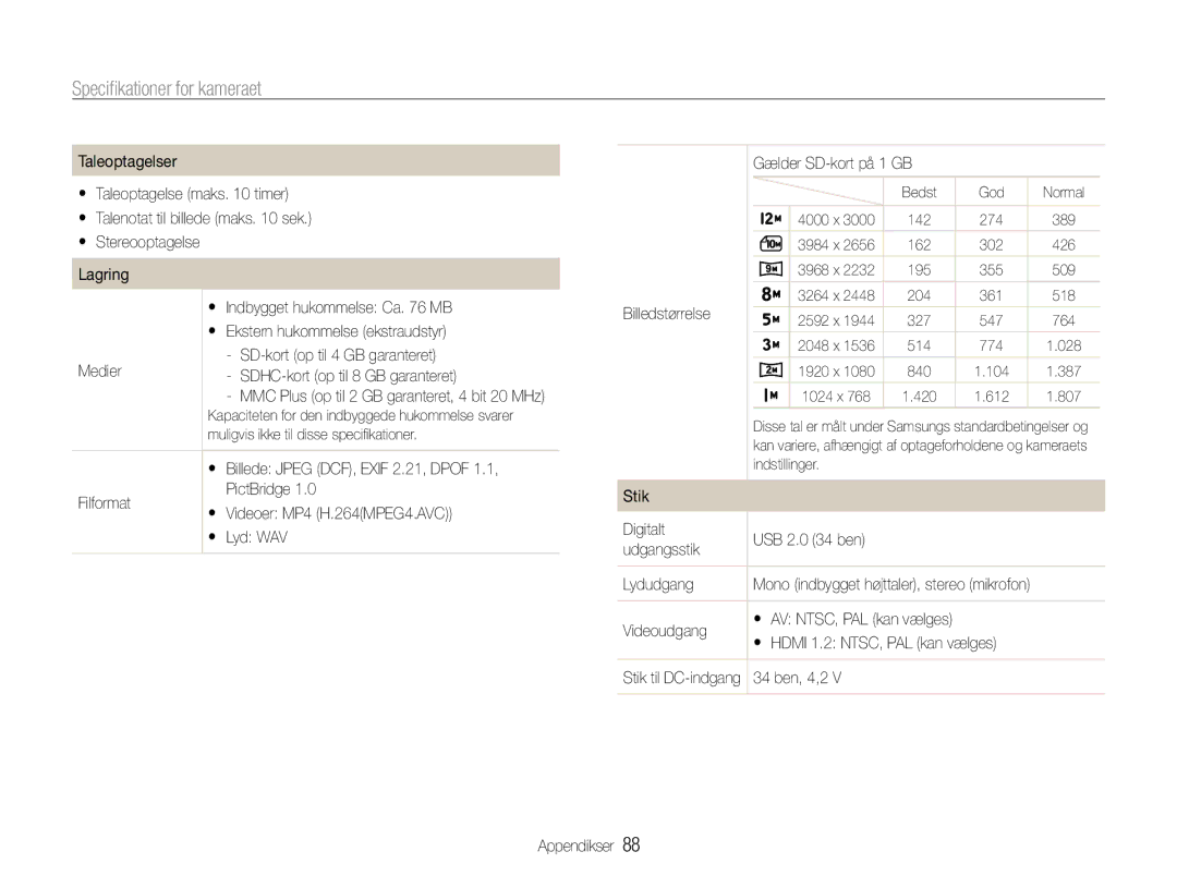 Samsung EC-IT100RBP/E2 manual PictBridge, Billedstørrelse Gælder SD-kort på 1 GB, Filformat,  Lyd WAV, 34 ben, 4,2 