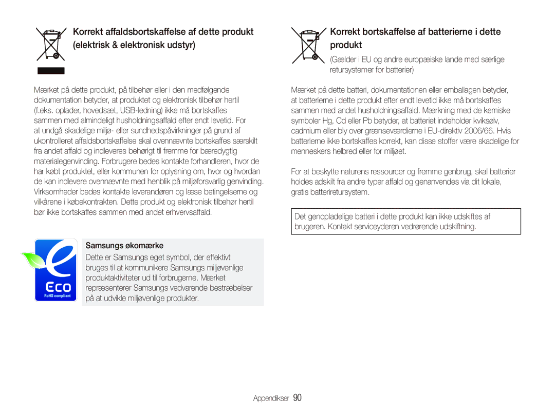 Samsung EC-IT100UBP/E2, EC-IT100BBP/E2 manual Korrekt bortskaffelse af batterierne i dette produkt, Samsungs økomærke 