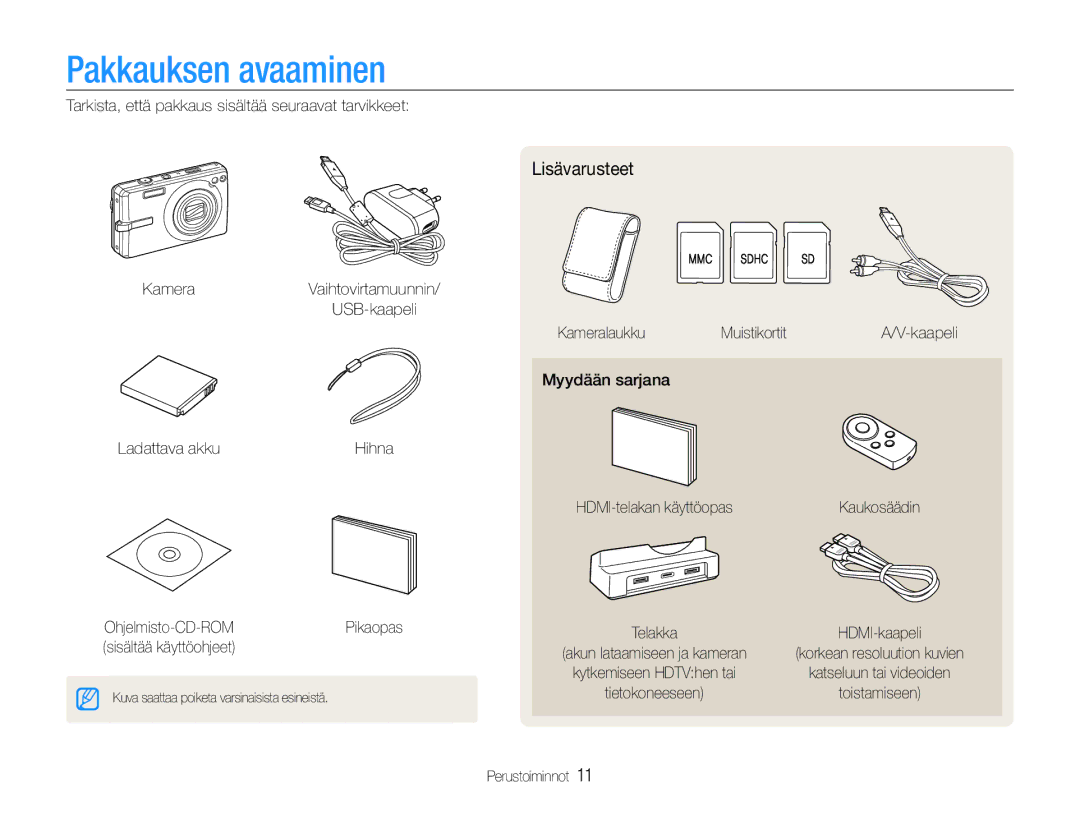 Samsung EC-IT100BBP/E2, EC-IT100RBP/E2, EC-IT100SBP/E2, EC-IT100UBP/E2 manual Pakkauksen avaaminen, Lisävarusteet 