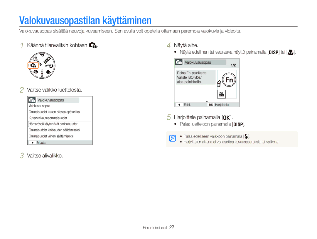 Samsung EC-IT100UBP/E2 manual Valokuvausopastilan käyttäminen, Käännä tilanvalitsin kohtaan h Valitse valikko luettelosta 