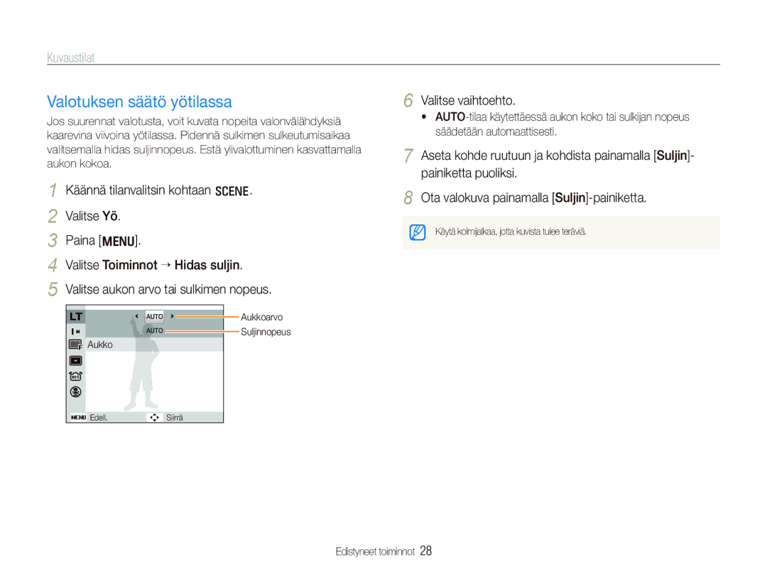 Samsung EC-IT100RBP/E2, EC-IT100BBP/E2, EC-IT100SBP/E2, EC-IT100UBP/E2 manual Valotuksen säätö yötilassa, Valitse vaihtoehto 