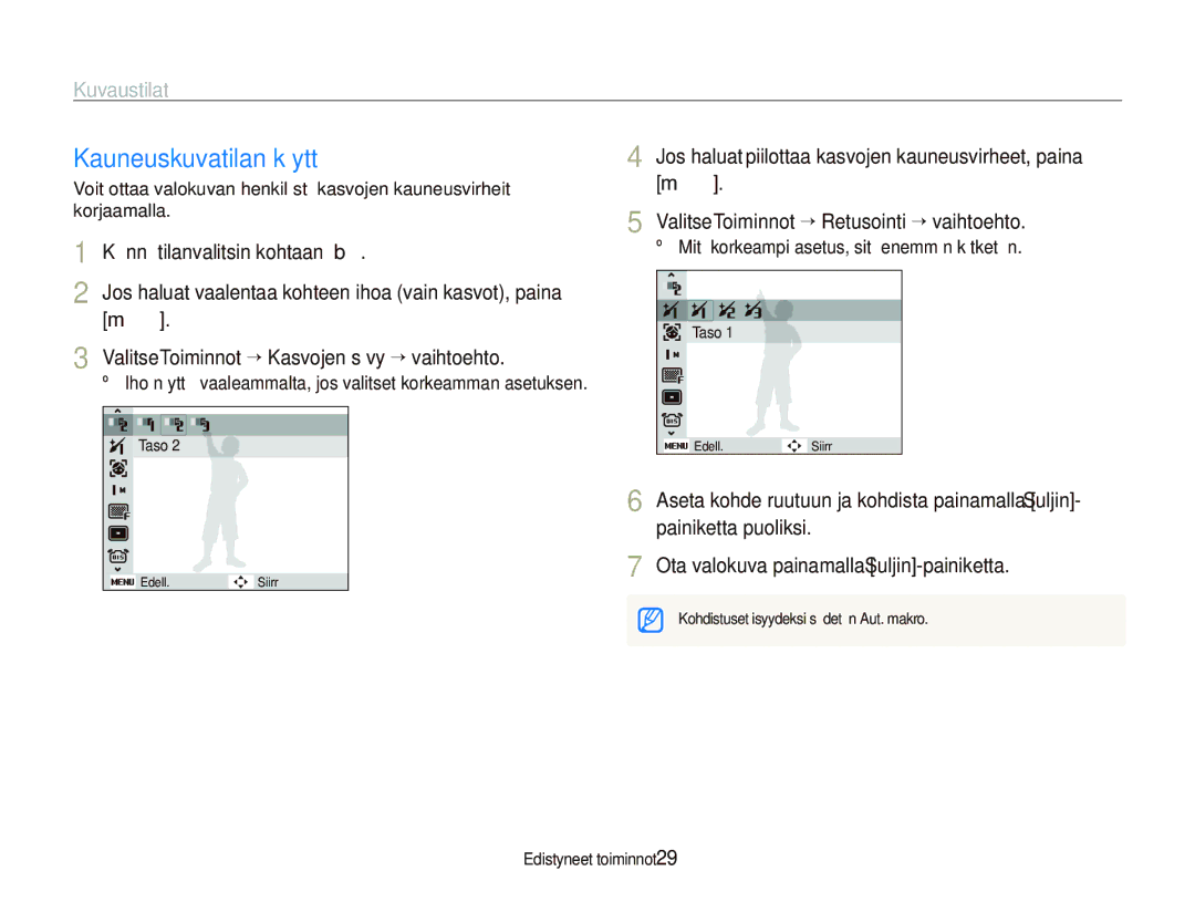 Samsung EC-IT100SBP/E2, EC-IT100BBP/E2, EC-IT100RBP/E2, EC-IT100UBP/E2 manual Kauneuskuvatilan käyttö 