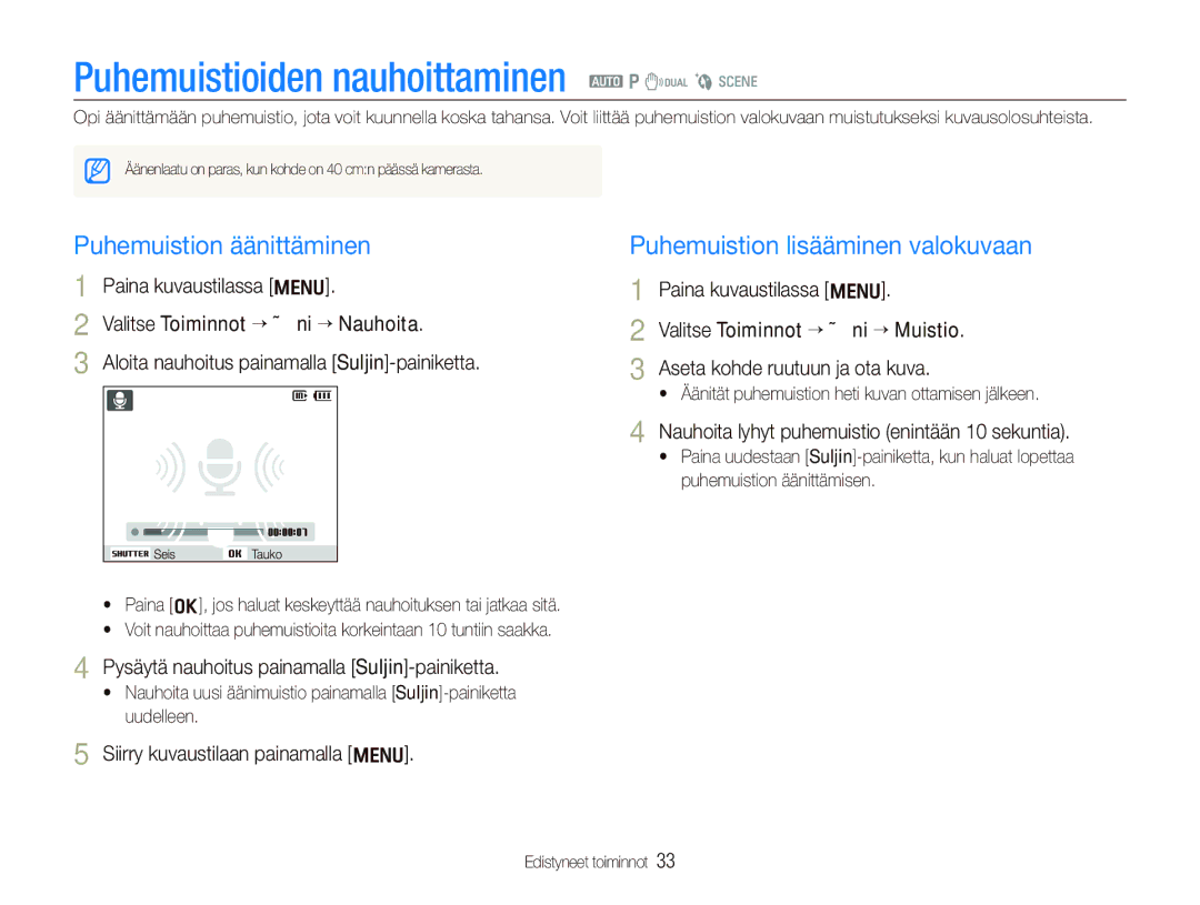 Samsung EC-IT100SBP/E2, EC-IT100BBP/E2 manual Puhemuistioiden nauhoittaminen a p d b s, Puhemuistion lisääminen valokuvaan 