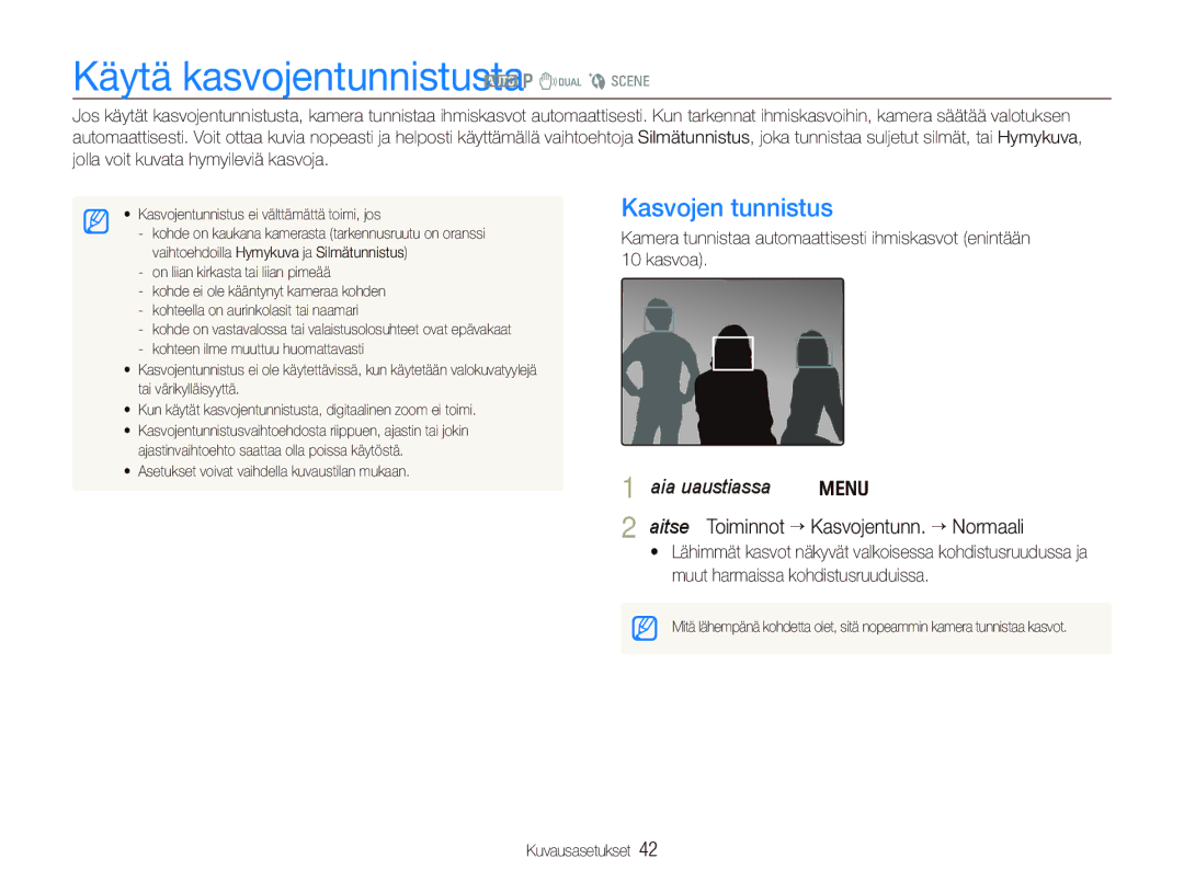 Samsung EC-IT100UBP/E2, EC-IT100BBP/E2, EC-IT100RBP/E2 manual Käytä kasvojentunnistusta a p d b s, Kasvojen tunnistus 