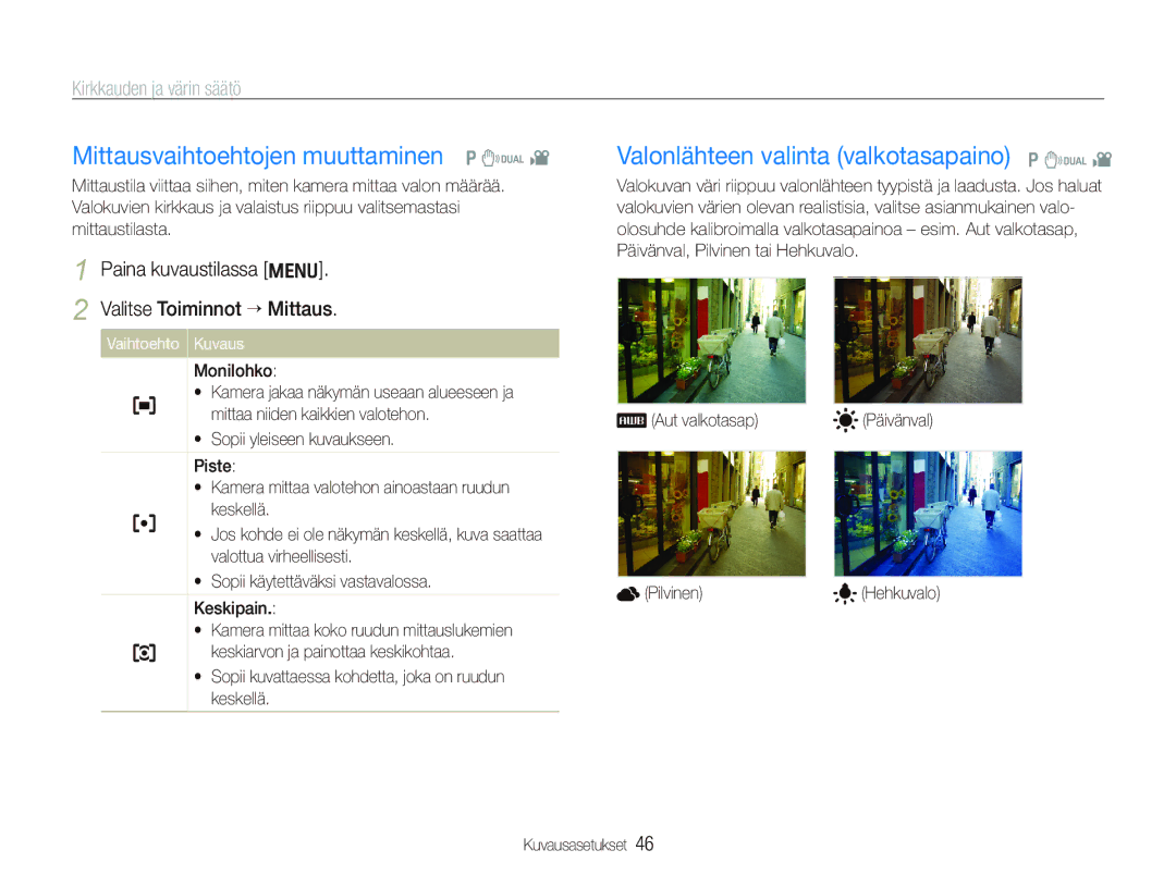 Samsung EC-IT100UBP/E2, EC-IT100BBP/E2 manual Mittausvaihtoehtojen muuttaminen p d, Valonlähteen valinta valkotasapaino p d 