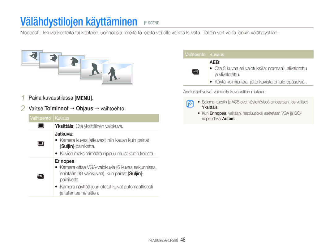 Samsung EC-IT100RBP/E2, EC-IT100BBP/E2, EC-IT100SBP/E2, EC-IT100UBP/E2 manual Välähdystilojen käyttäminen p s 