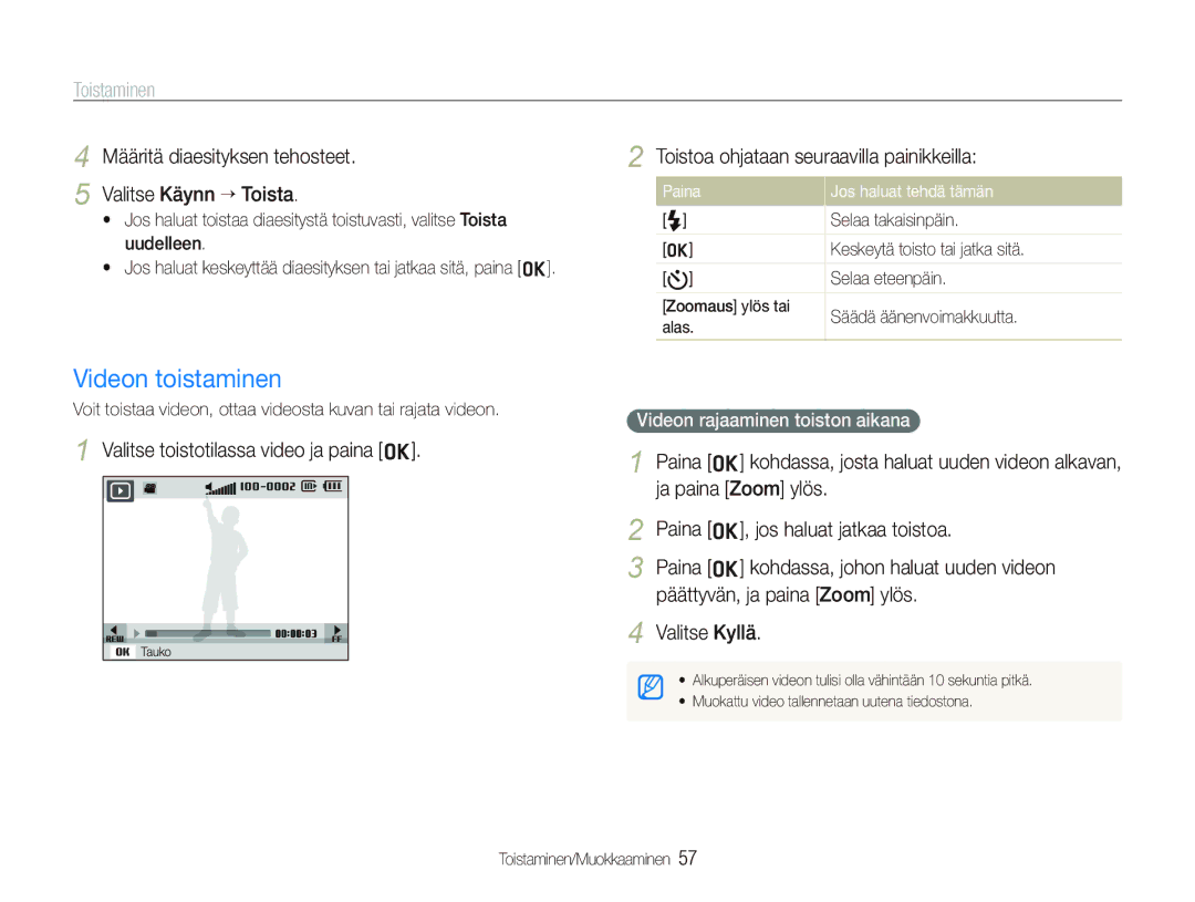 Samsung EC-IT100SBP/E2, EC-IT100BBP/E2 manual Videon toistaminen, Määritä diaesityksen tehosteet Valitse Käynn ““Toista 