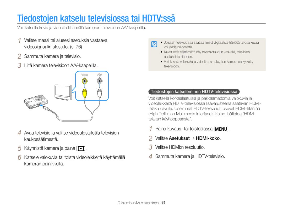 Samsung EC-IT100BBP/E2 manual Tiedostojen katselu televisiossa tai HDTVssä, Tiedostojen katseleminen HDTV-televisiossa 