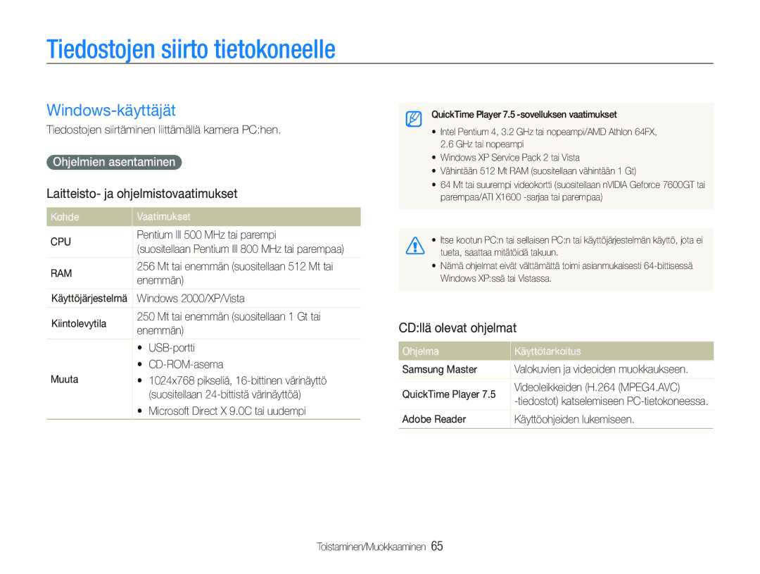 Samsung EC-IT100SBP/E2 manual Tiedostojen siirto tietokoneelle, Windows-käyttäjät, Laitteisto- ja ohjelmistovaatimukset 