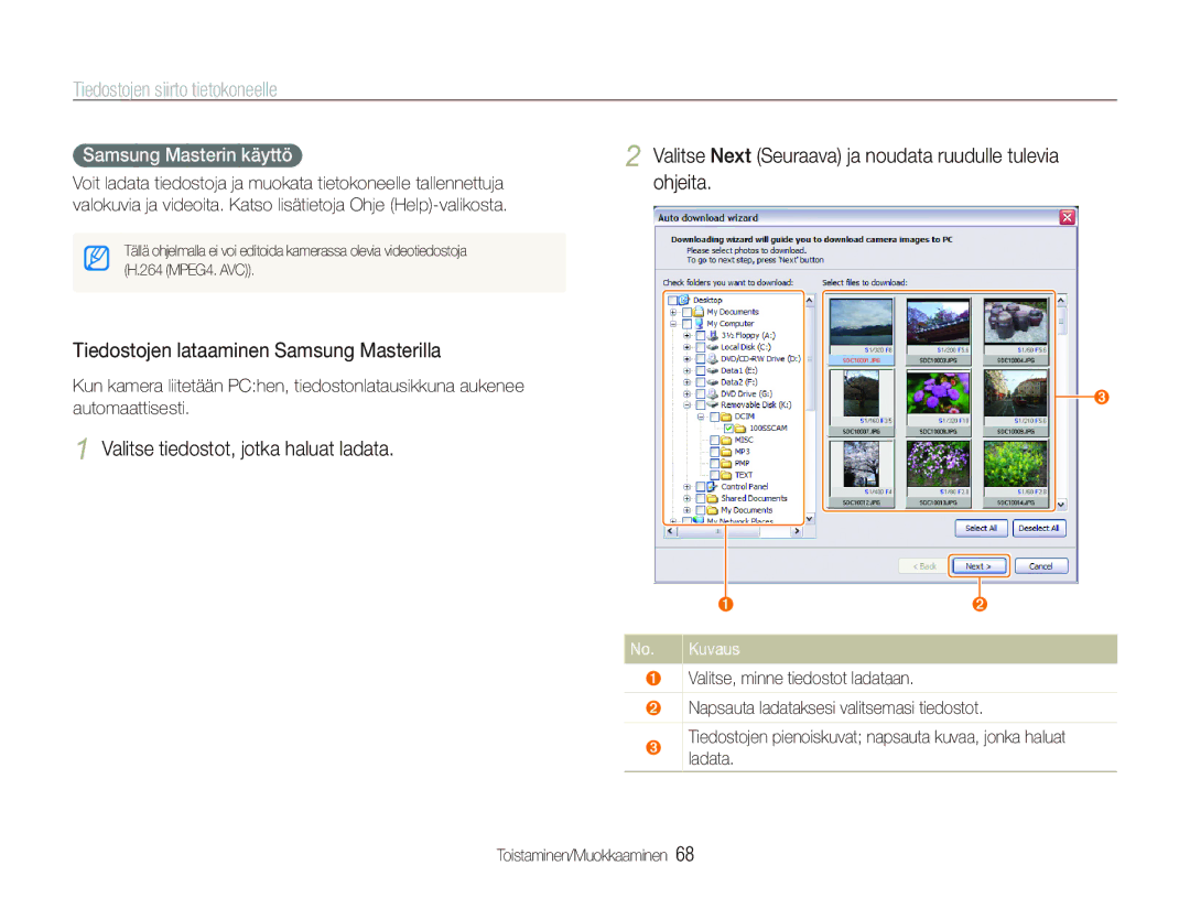 Samsung EC-IT100RBP/E2 manual Ohjeita, Tiedostojen lataaminen Samsung Masterilla, Valitse tiedostot, jotka haluat ladata 