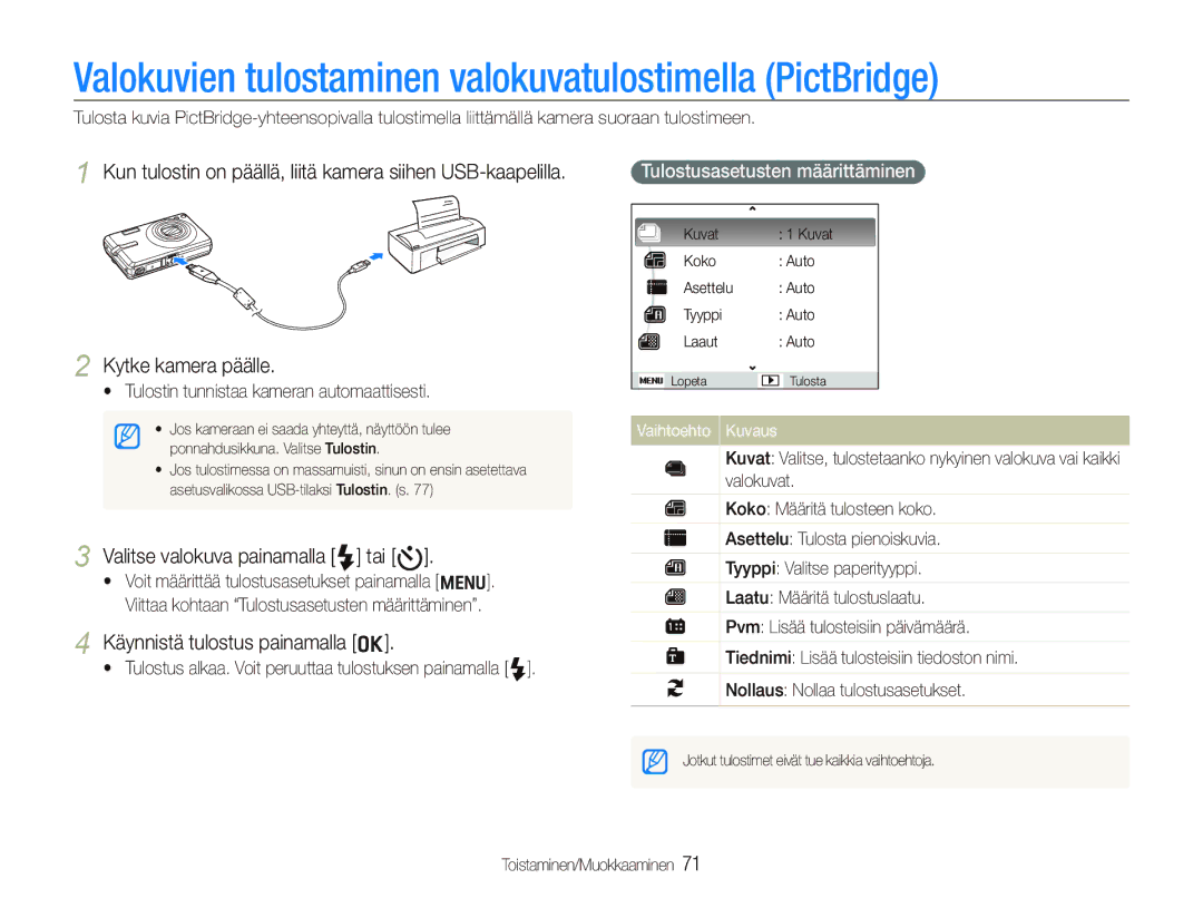 Samsung EC-IT100BBP/E2 manual Valokuvien tulostaminen valokuvatulostimella PictBridge, Valitse valokuva painamalla F tai t 