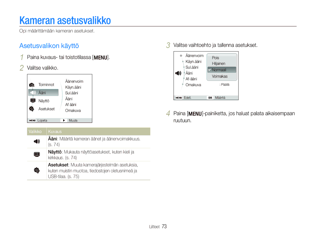 Samsung EC-IT100SBP/E2, EC-IT100BBP/E2, EC-IT100RBP/E2 manual Kameran asetusvalikko, Asetusvalikon käyttö, Valikko Kuvaus 