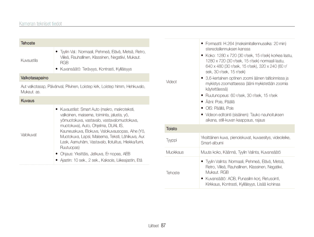 Samsung EC-IT100BBP/E2, EC-IT100RBP/E2, EC-IT100SBP/E2, EC-IT100UBP/E2 manual Kameran tekniset tiedot 