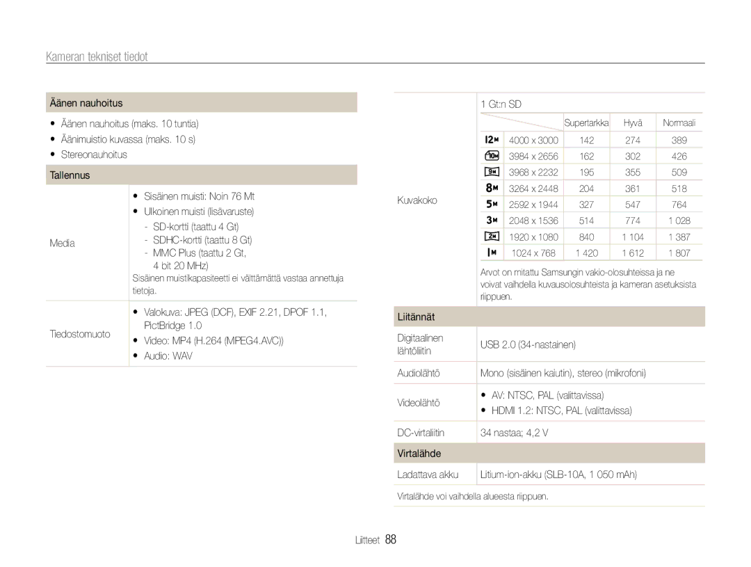 Samsung EC-IT100RBP/E2, EC-IT100BBP/E2 manual Äänen nauhoitus, Kuvakoko, DC-virtaliitin Nastaa 4,2 Virtalähde Ladattava akku 