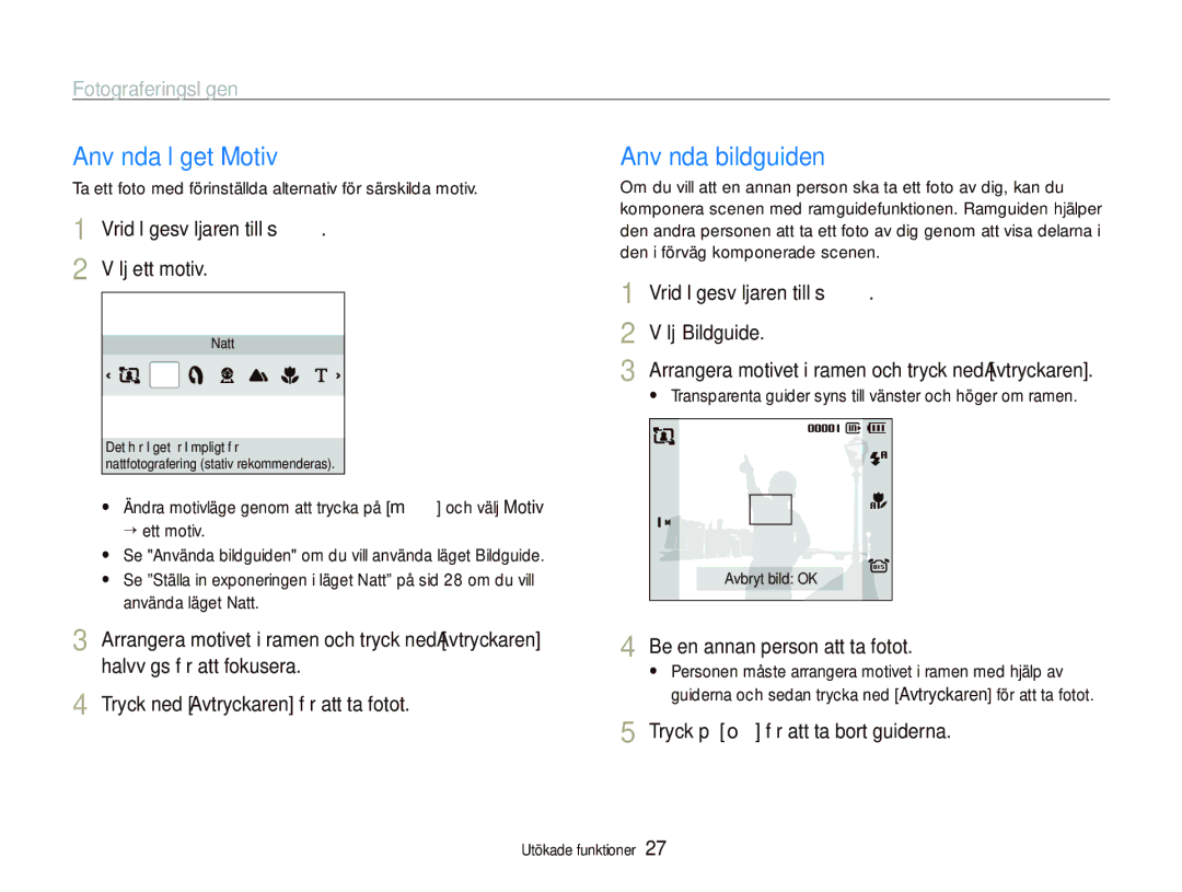 Samsung EC-IT100BBP/E2, EC-IT100RBP/E2, EC-IT100SBP/E2 manual Använda läget Motiv, Använda bildguiden, Fotograferingslägen 