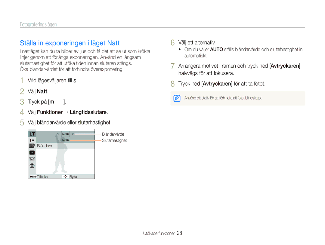 Samsung EC-IT100RBP/E2, EC-IT100BBP/E2, EC-IT100SBP/E2 manual Ställa in exponeringen i läget Natt, Välj ett alternativ 