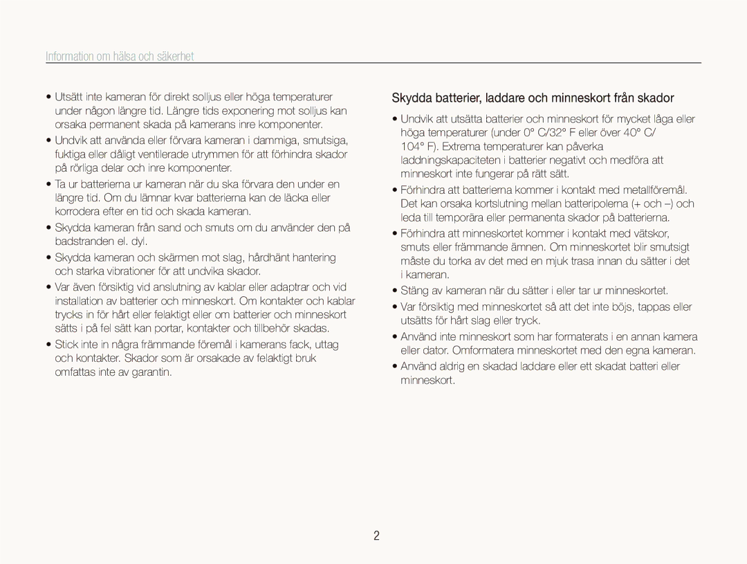 Samsung EC-IT100UBP/E2 manual Information om hälsa och säkerhet, Skydda batterier, laddare och minneskort från skador 