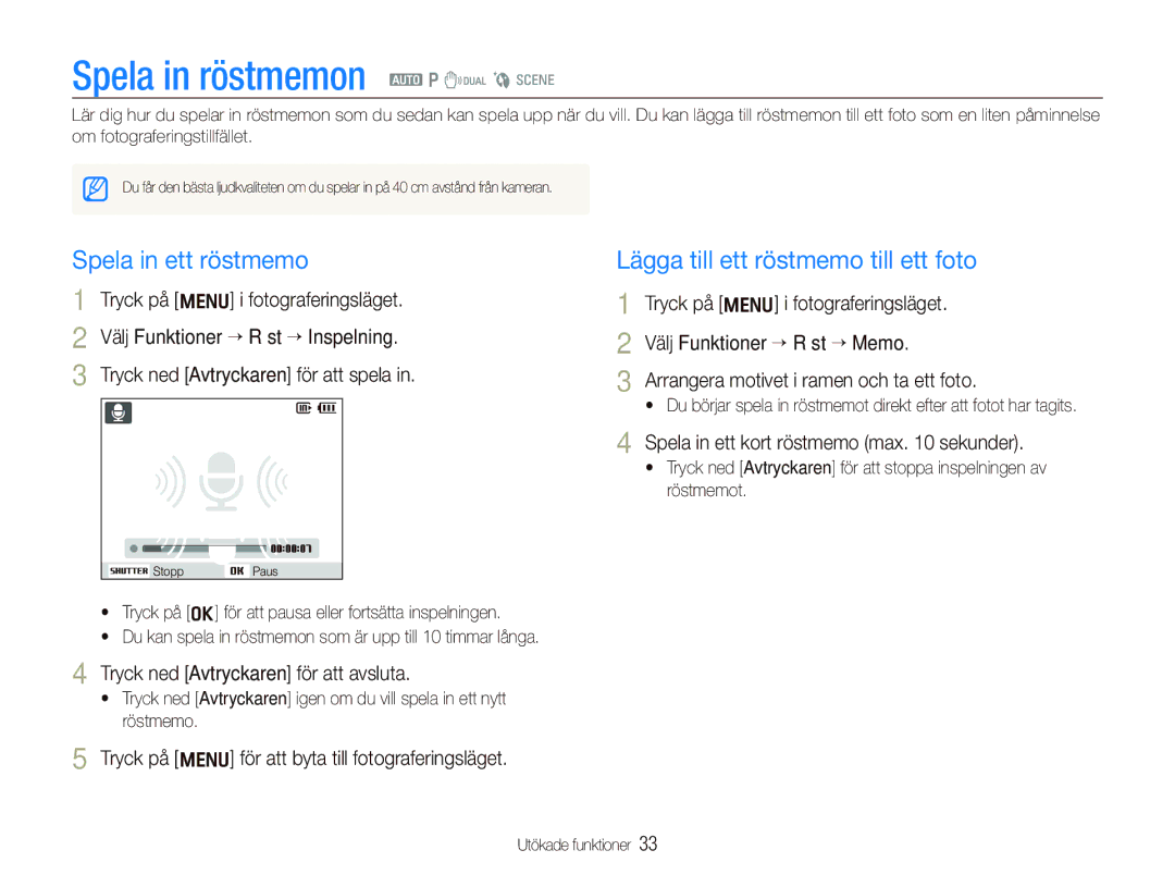 Samsung EC-IT100SBP/E2 manual Spela in röstmemon a p d b s, Spela in ett röstmemo, Lägga till ett röstmemo till ett foto 