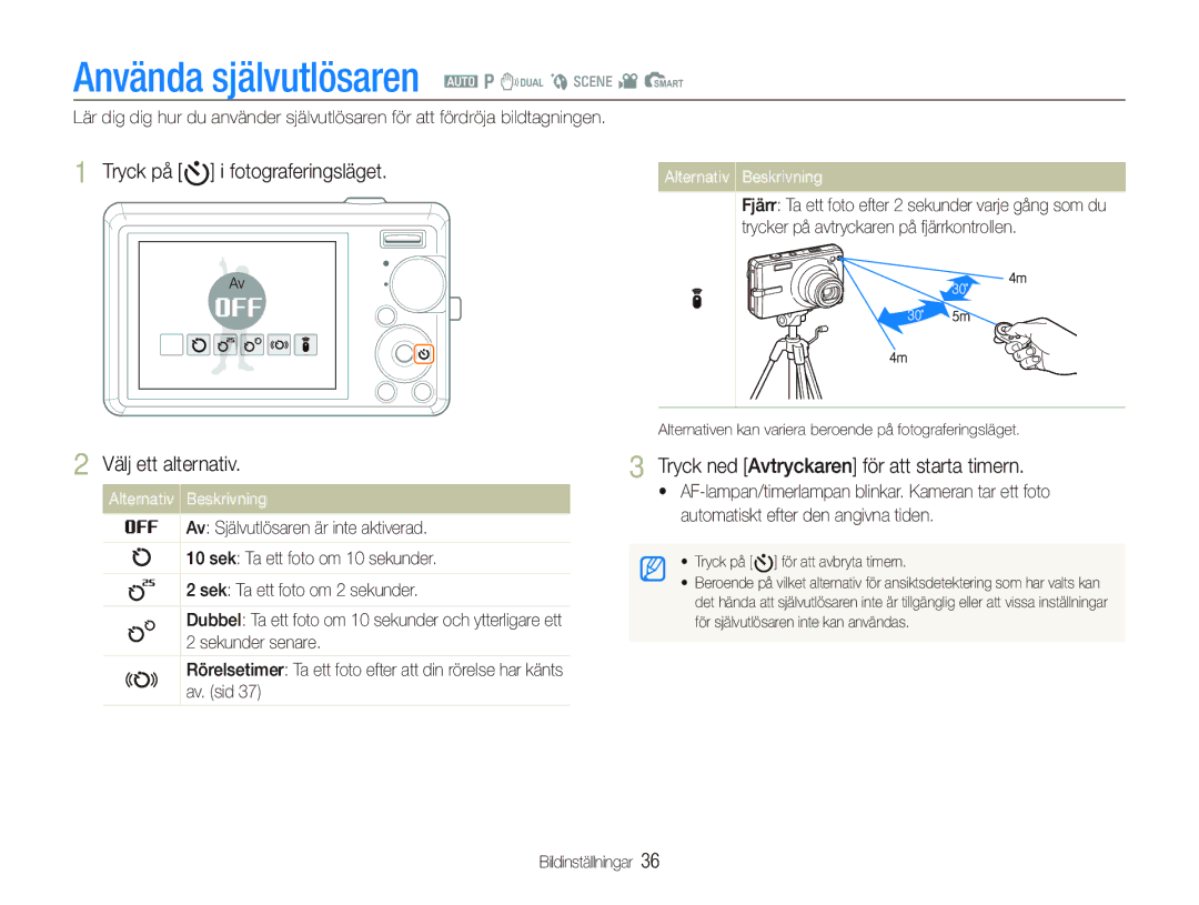 Samsung EC-IT100RBP/E2, EC-IT100BBP/E2 manual Använda självutlösaren a p d b s v S, Tryck på t i fotograferingsläget 