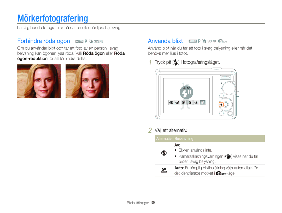 Samsung EC-IT100UBP/E2, EC-IT100BBP/E2 manual Mörkerfotografering, Förhindra röda ögon a p b s, Använda blixt a p b s S 