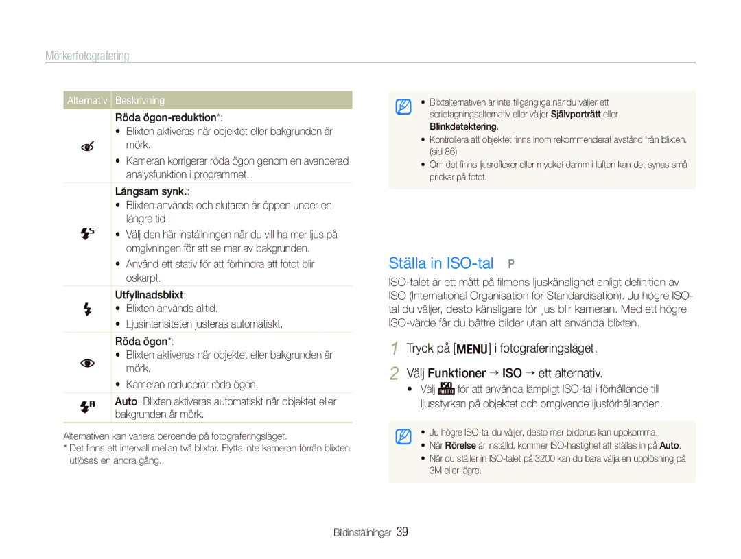 Samsung EC-IT100BBP/E2, EC-IT100RBP/E2, EC-IT100SBP/E2, EC-IT100UBP/E2 manual Ställa in ISO-tal p, Mörkerfotografering 