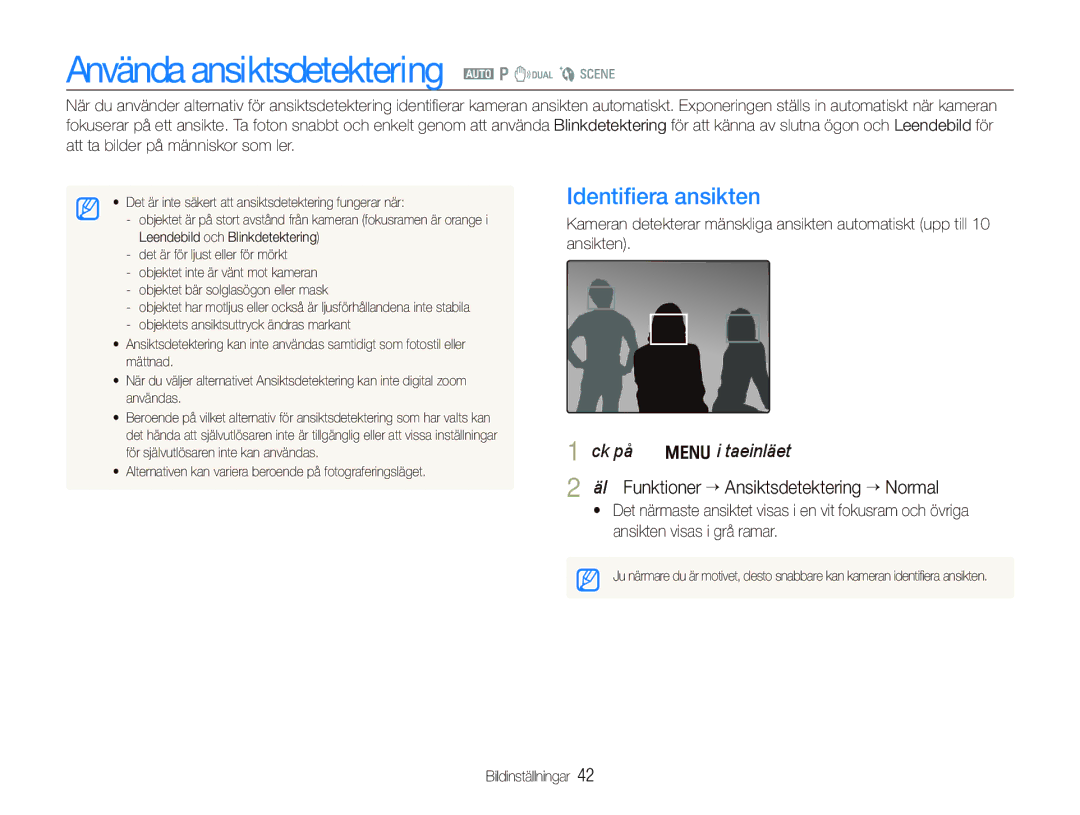 Samsung EC-IT100UBP/E2, EC-IT100BBP/E2, EC-IT100RBP/E2 manual Använda ansiktsdetektering a p d b s, Identiﬁera ansikten 