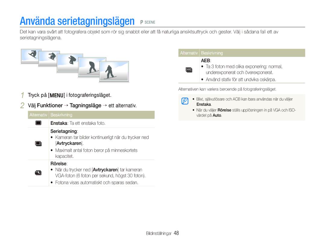 Samsung EC-IT100RBP/E2, EC-IT100BBP/E2 Använda serietagningslägen p s, Välj Funktioner ““Tagningsläge “ ett alternativ 