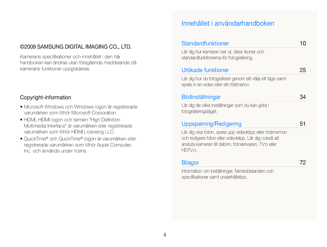 Samsung EC-IT100RBP/E2 Innehållet i användarhandboken, Copyright-information, Spela in en video eller ett röstmemo, HDTVn 