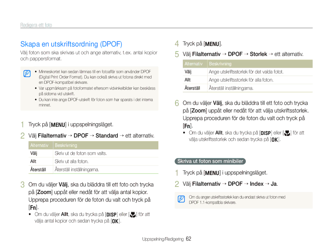 Samsung EC-IT100UBP/E2 manual Skapa en utskriftsordning Dpof, Tryck på m i uppspelningsläget, Skriva ut foton som minibiler 