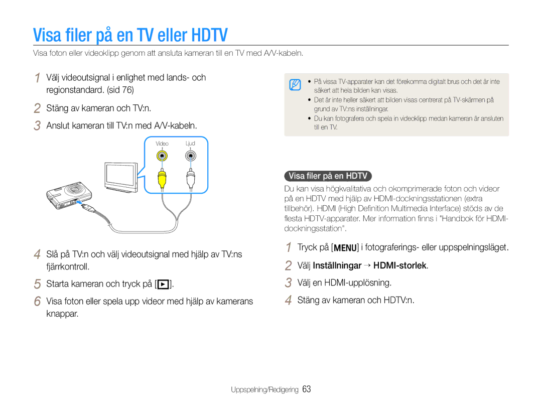 Samsung EC-IT100BBP/E2 Visa ﬁler på en TV eller Hdtv, Välj videoutsignal i enlighet med lands- och, Regionstandard. sid 