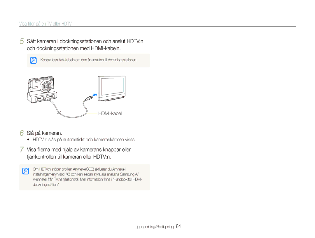 Samsung EC-IT100RBP/E2, EC-IT100BBP/E2, EC-IT100SBP/E2 manual Visa ﬁler på en TV eller Hdtv, Slå på kameran, HDMI-kabel 