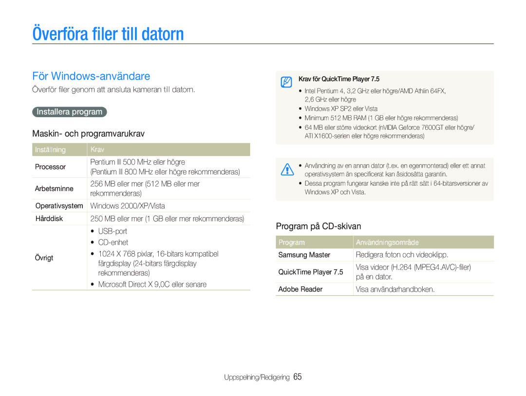 Samsung EC-IT100SBP/E2 Överföra ﬁler till datorn, För Windows-användare, Maskin- och programvarukrav, Program på CD-skivan 