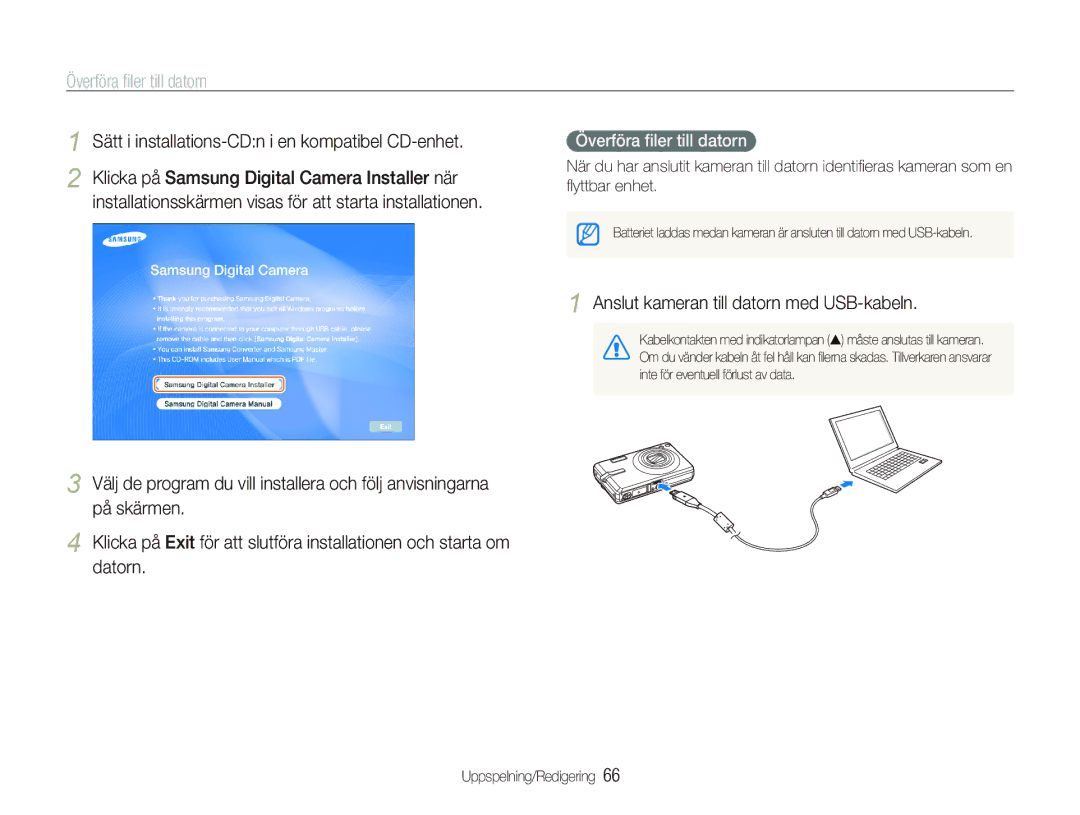 Samsung EC-IT100UBP/E2, EC-IT100BBP/E2 manual Överföra ﬁler till datorn, Sätt i installations-CDn i en kompatibel CD-enhet 