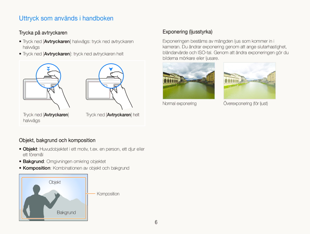 Samsung EC-IT100UBP/E2, EC-IT100BBP/E2 manual Uttryck som används i handboken, Trycka på avtryckaren, Exponering ljusstyrka 