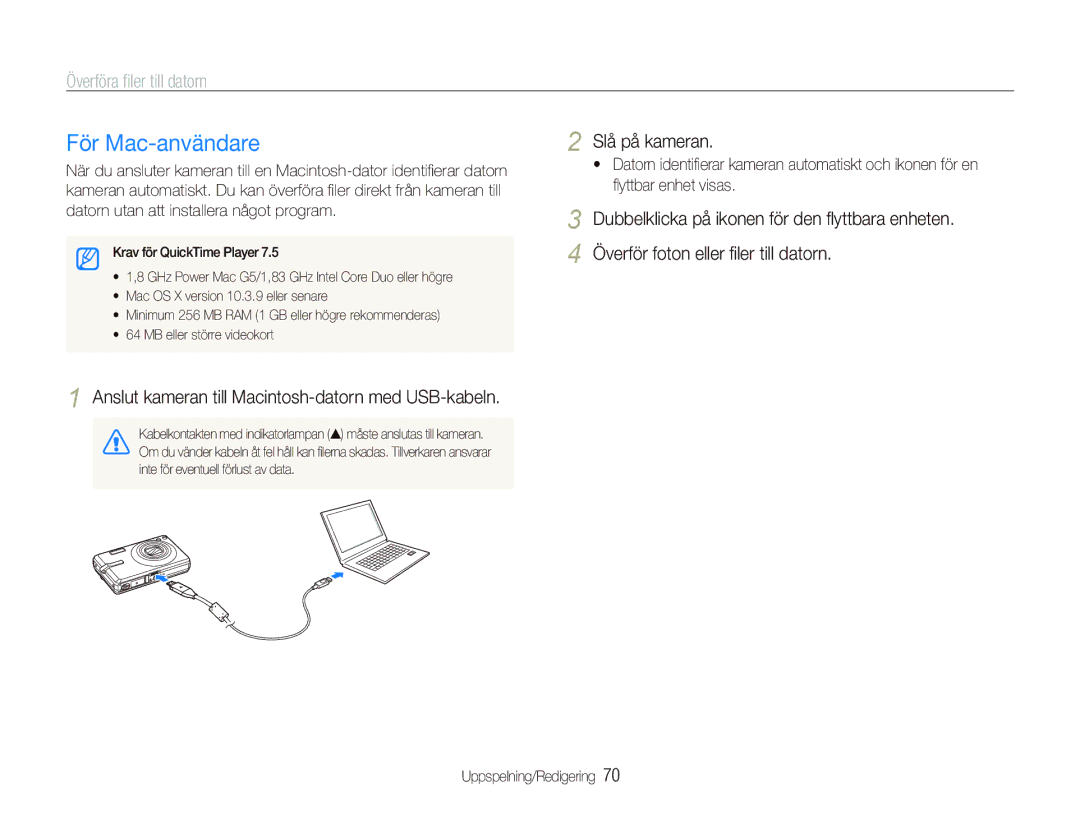 Samsung EC-IT100UBP/E2, EC-IT100BBP/E2, EC-IT100RBP/E2, EC-IT100SBP/E2 manual För Mac-användare, Slå på kameran 