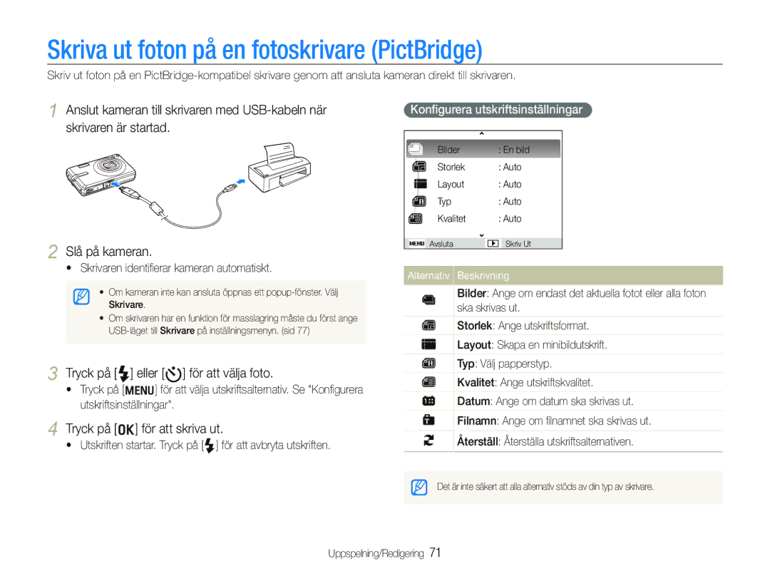 Samsung EC-IT100BBP/E2 manual Skriva ut foton på en fotoskrivare PictBridge, Tryck på F eller t för att välja foto 