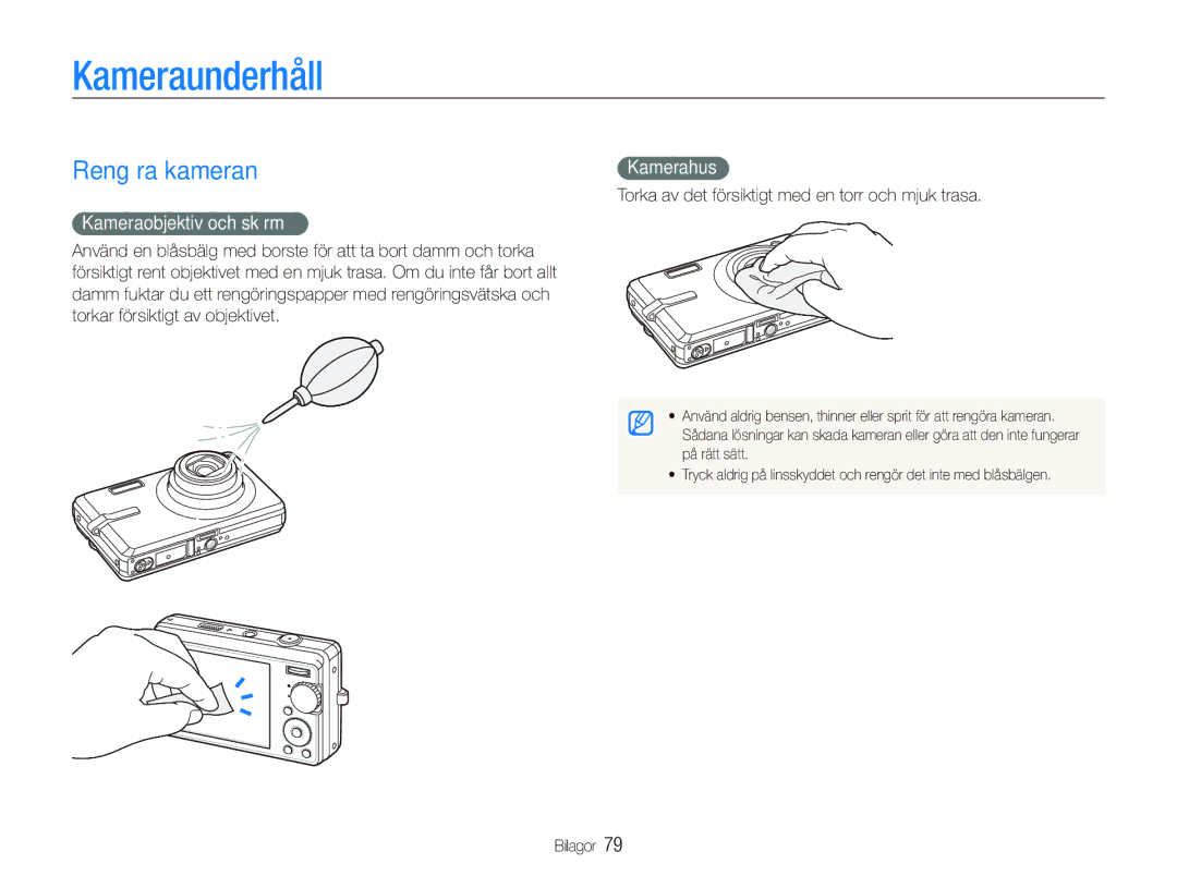 Samsung EC-IT100BBP/E2, EC-IT100RBP/E2 manual Kameraunderhåll, Rengöra kameran, Kameraobjektiv och skärm, Kamerahus 