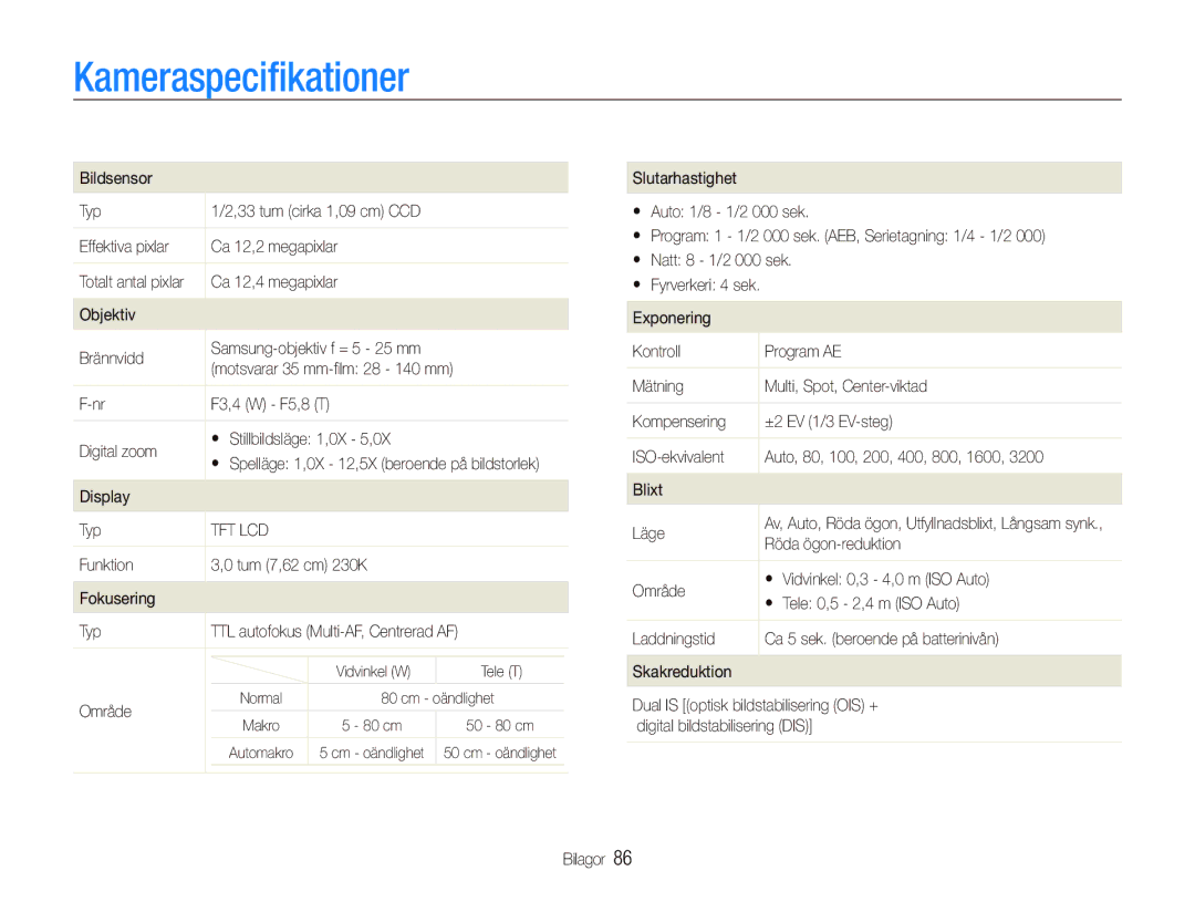 Samsung EC-IT100UBP/E2, EC-IT100BBP/E2, EC-IT100RBP/E2, EC-IT100SBP/E2 manual Kameraspeciﬁkationer 