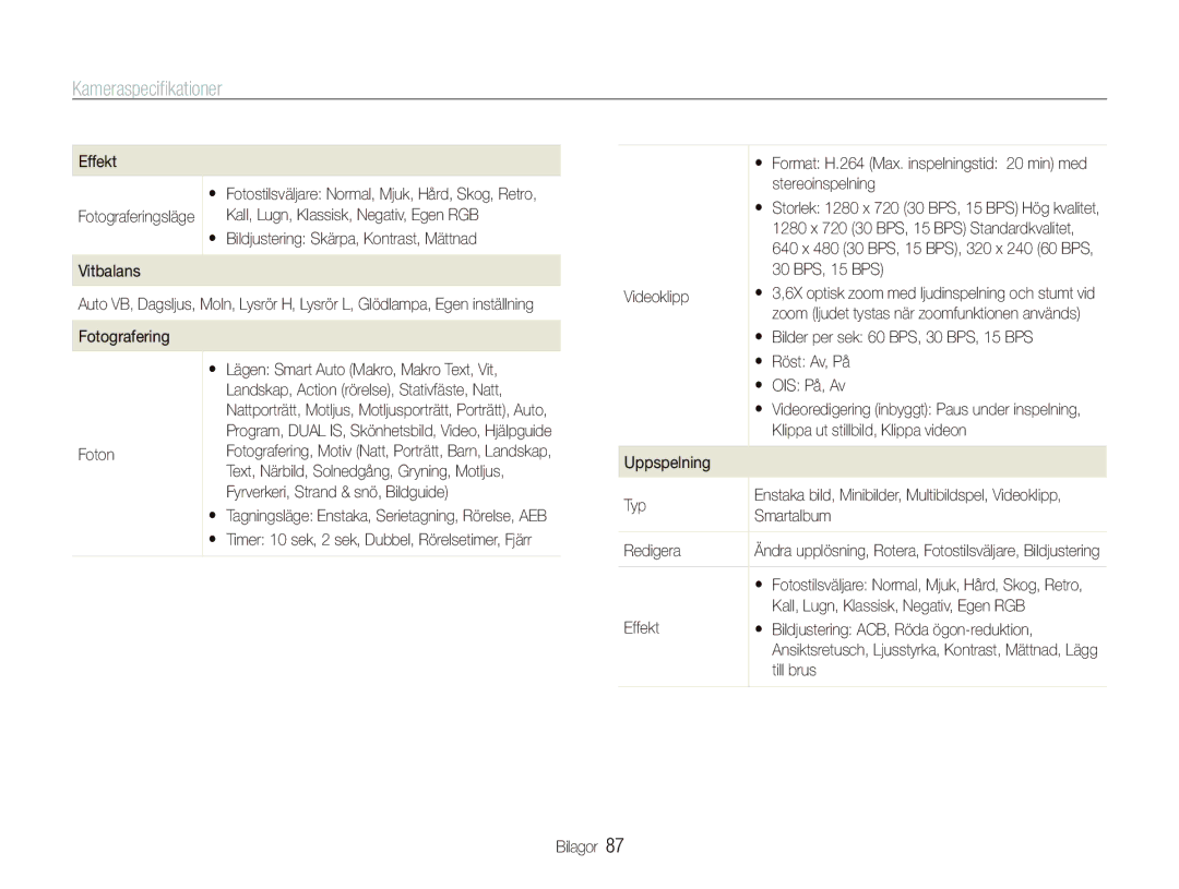 Samsung EC-IT100BBP/E2, EC-IT100RBP/E2, EC-IT100SBP/E2, EC-IT100UBP/E2 manual Kameraspeciﬁkationer 