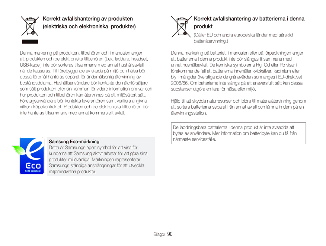 Samsung EC-IT100UBP/E2, EC-IT100BBP/E2 manual Korrekt avfallshantering av batterierna i denna produkt, Samsung Eco-märkning 