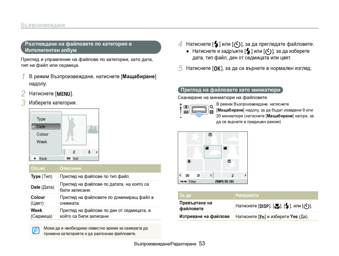 Samsung EC-IT100BBP/E3, EC-IT100BBP/RU manual Възпроизвеждане, Разглеждане на файловете по категория в Интелигентен албум 