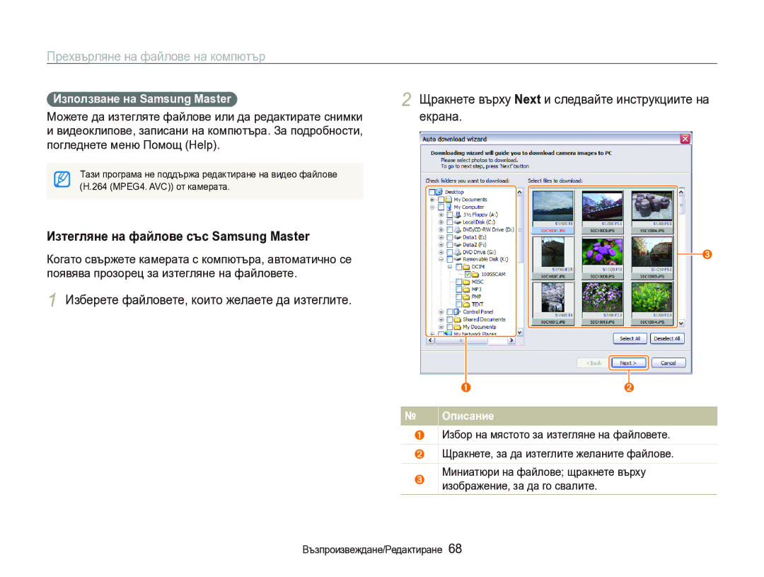 Samsung EC-IT100BBP/RU manual Изтегляне на файлове със Samsung Master, Използване на Samsung Master, MPEG4. AVC от камерата 