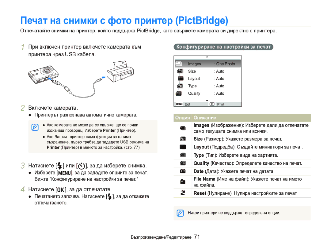 Samsung EC-IT100BBP/E3, EC-IT100BBP/RU manual Печат на снимки с фото принтер PictBridge, Натиснете o, за да отпечатате 