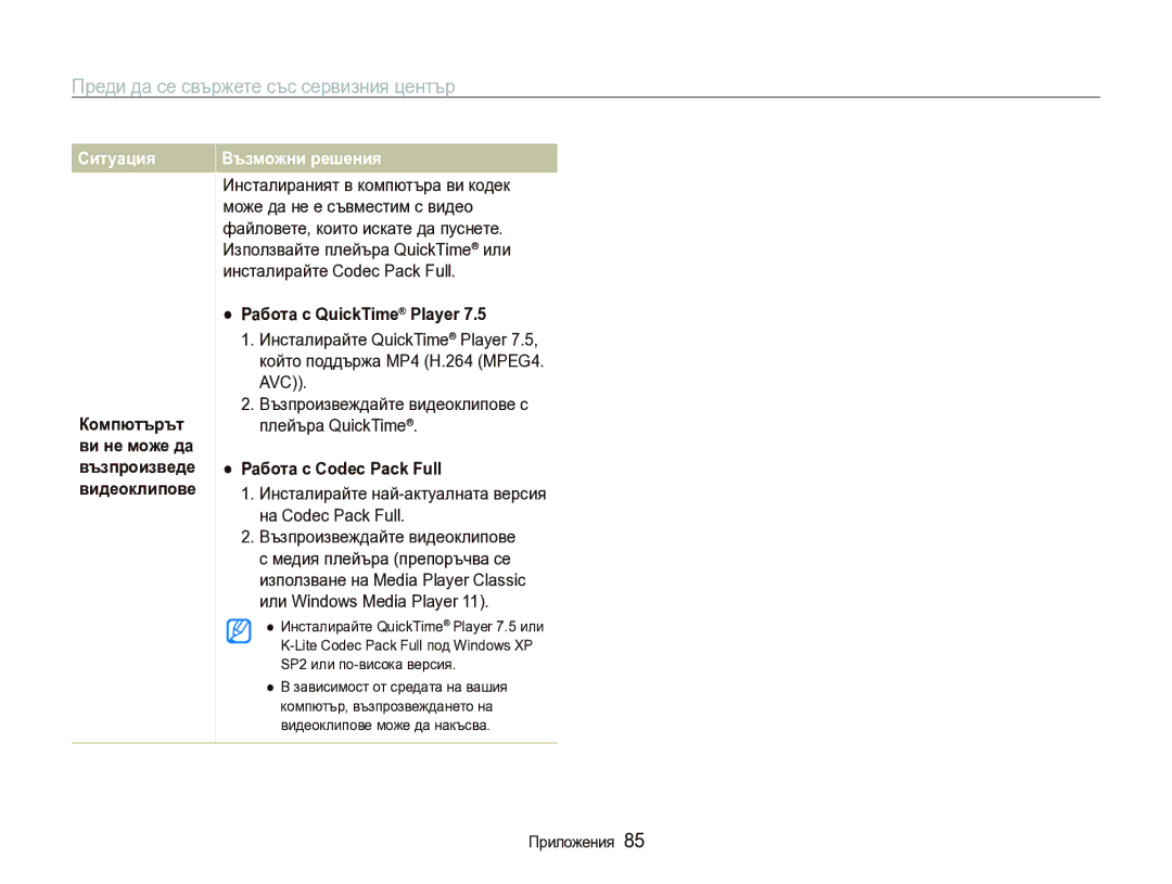 Samsung EC-IT100BBP/E3, EC-IT100BBP/RU manual Работа с QuickTime Player, Работа с Codec Pack Full 