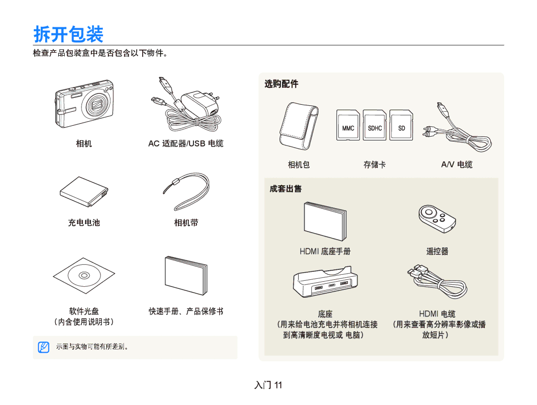 Samsung EC-IT100RBP/E3, EC-IT100BBP/IT, EC-IT100BBP/E1, EC-IT100BBP/E3, EC-IT100UBP/E3, EC-IT100SBP/E3 manual 拆开包装, 选购配件 