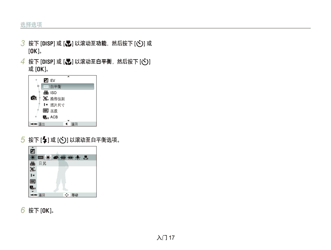 Samsung EC-IT100SBP/E3, EC-IT100BBP/IT 选择选项, 按下 D 或 M 以滚动至功能，然后按下 t 或 按下 D 或 M 以滚动至白平衡，然后按下 t, 按下 F 或 t 以滚动至白平衡选项。 按下 o。 