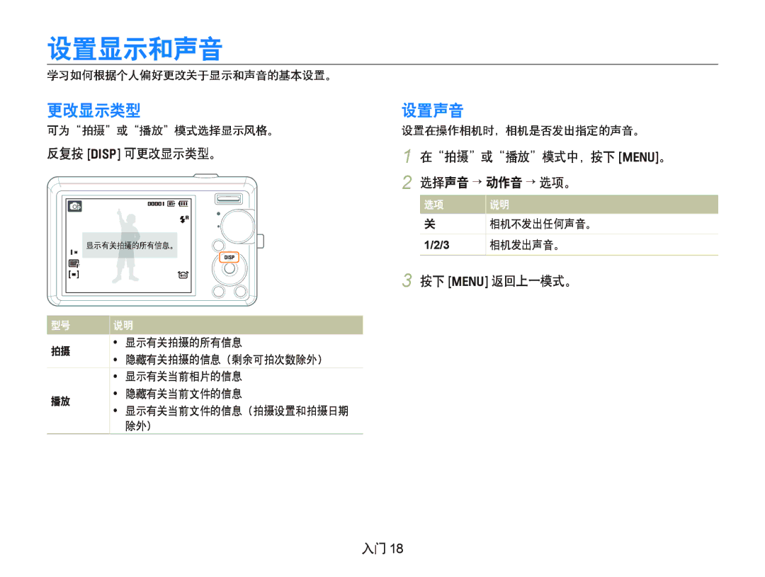 Samsung EC-IT100RBP/E3, EC-IT100BBP/IT, EC-IT100BBP/E1, EC-IT100BBP/E3, EC-IT100UBP/E3, EC-IT100SBP/E3 设置显示和声音, 更改显示类型, 设置声音 