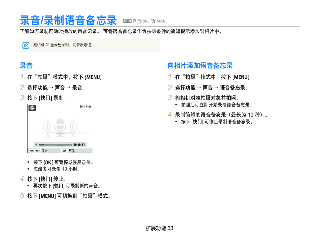 Samsung EC-IT100SBP/E1, EC-IT100BBP/IT, EC-IT100BBP/E1, EC-IT100BBP/E3, EC-IT100UBP/E3 录音/录制语音备忘录 a p d b s, 录音向相片添加语音备忘录 