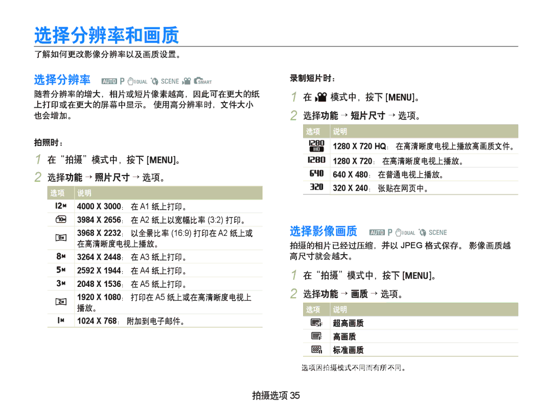 Samsung EC-IT100BBP/E1, EC-IT100BBP/IT 选择分辨率和画质, 在拍摄模式中，按下 m。 2 选择功能 ¡ 照片尺寸 ¡ 选项。, V 模式中，按下 m。 选择功能 ¡ 短片尺寸 ¡ 选项。, 拍摄选项 